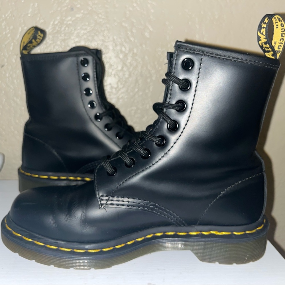 Dr. Martens Black Leather Boots with Yellow Stitching